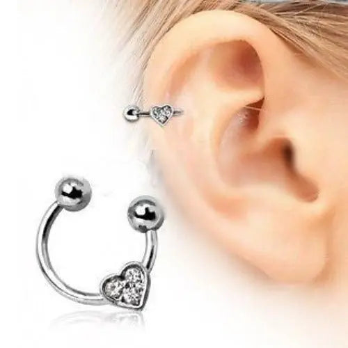 Horseshoe cartilage earring with gemmed heart design, made of surgical steel, featuring clear CZ stones, perfect for helix piercings.
