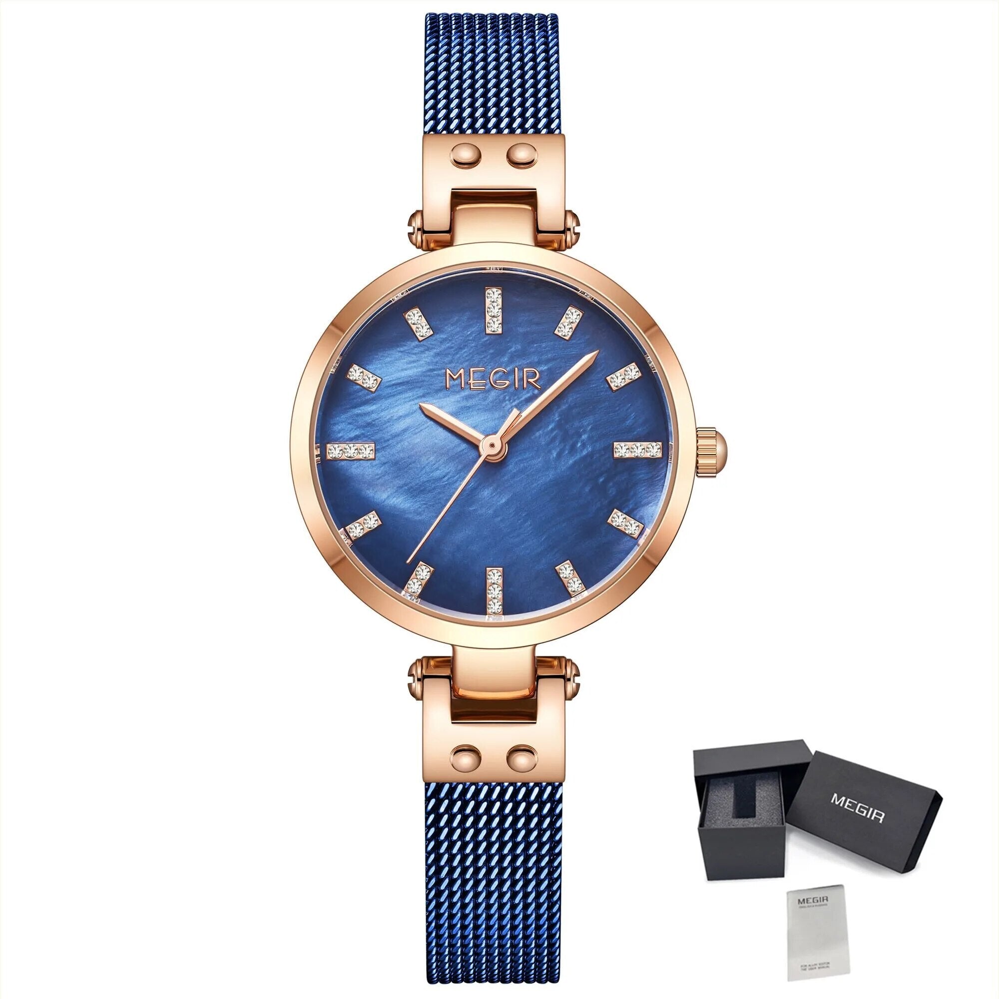 Elegant women's luxury quartz wristwatch with pink mother-of-pearl dial, crystal hour markers, rose gold mesh band, and water resistance