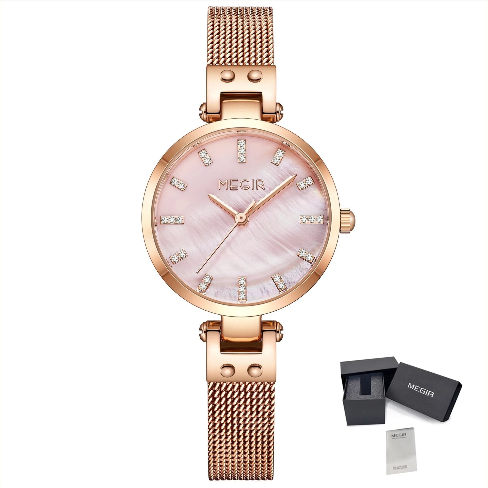 Elegant women's luxury quartz wristwatch with pink mother-of-pearl dial, crystal hour markers, rose gold mesh band, and water resistance