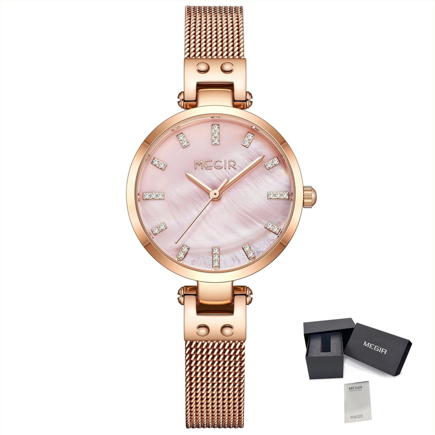 Elegant women's luxury quartz wristwatch with pink mother-of-pearl dial, crystal hour markers, rose gold mesh band, and water resistance