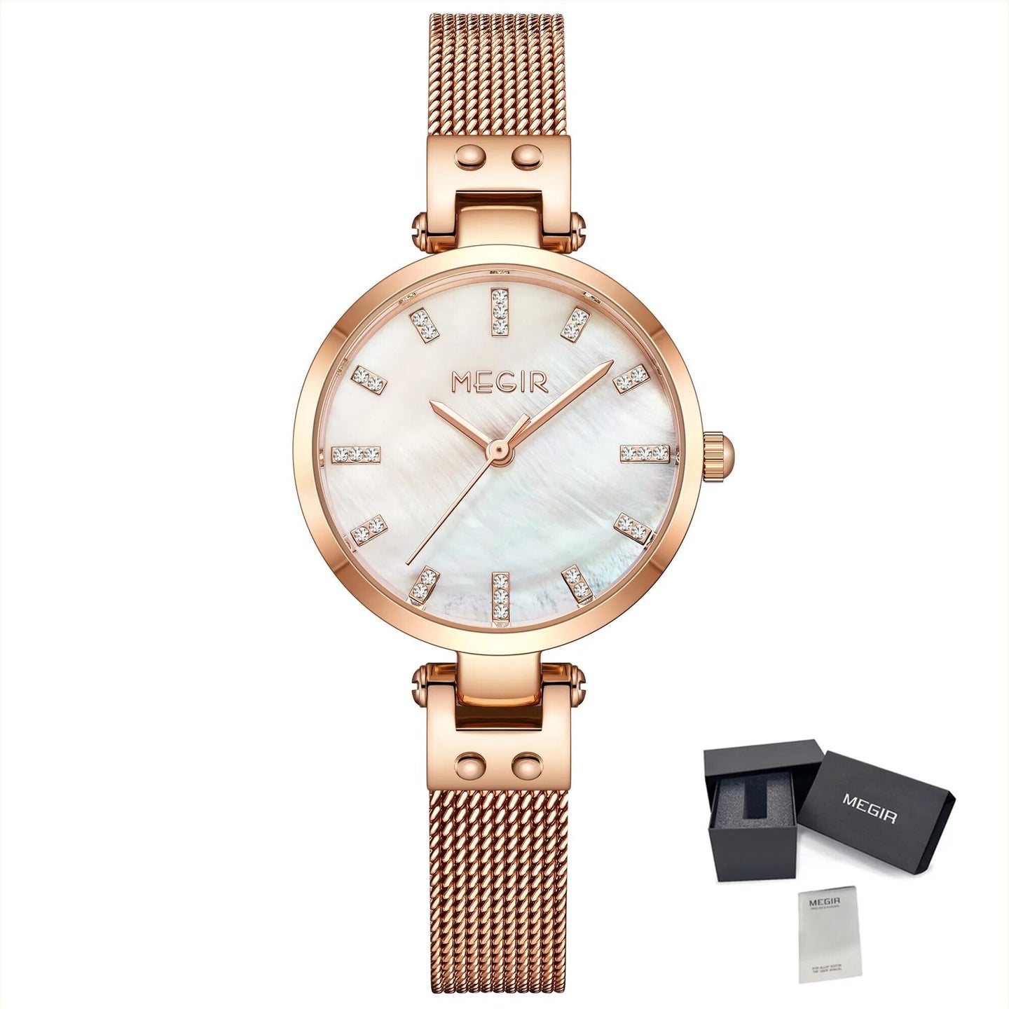 Elegant women's luxury quartz wristwatch with pink mother-of-pearl dial, crystal hour markers, rose gold mesh band, and water resistance