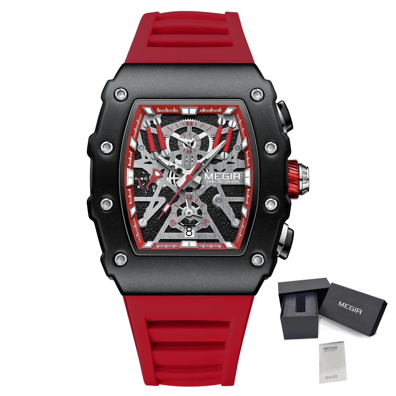 Black and orange MEGIR 2218 men's military chronograph watch with skeleton dial, silicone strap, and multiple subdials for outdoor sports