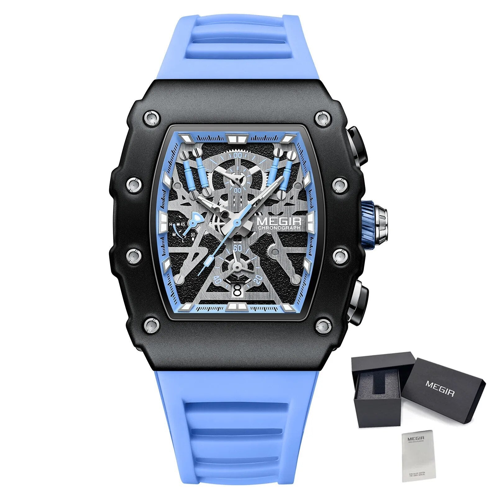Black and orange MEGIR 2218 men's military chronograph watch with skeleton dial, silicone strap, and multiple subdials for outdoor sports
