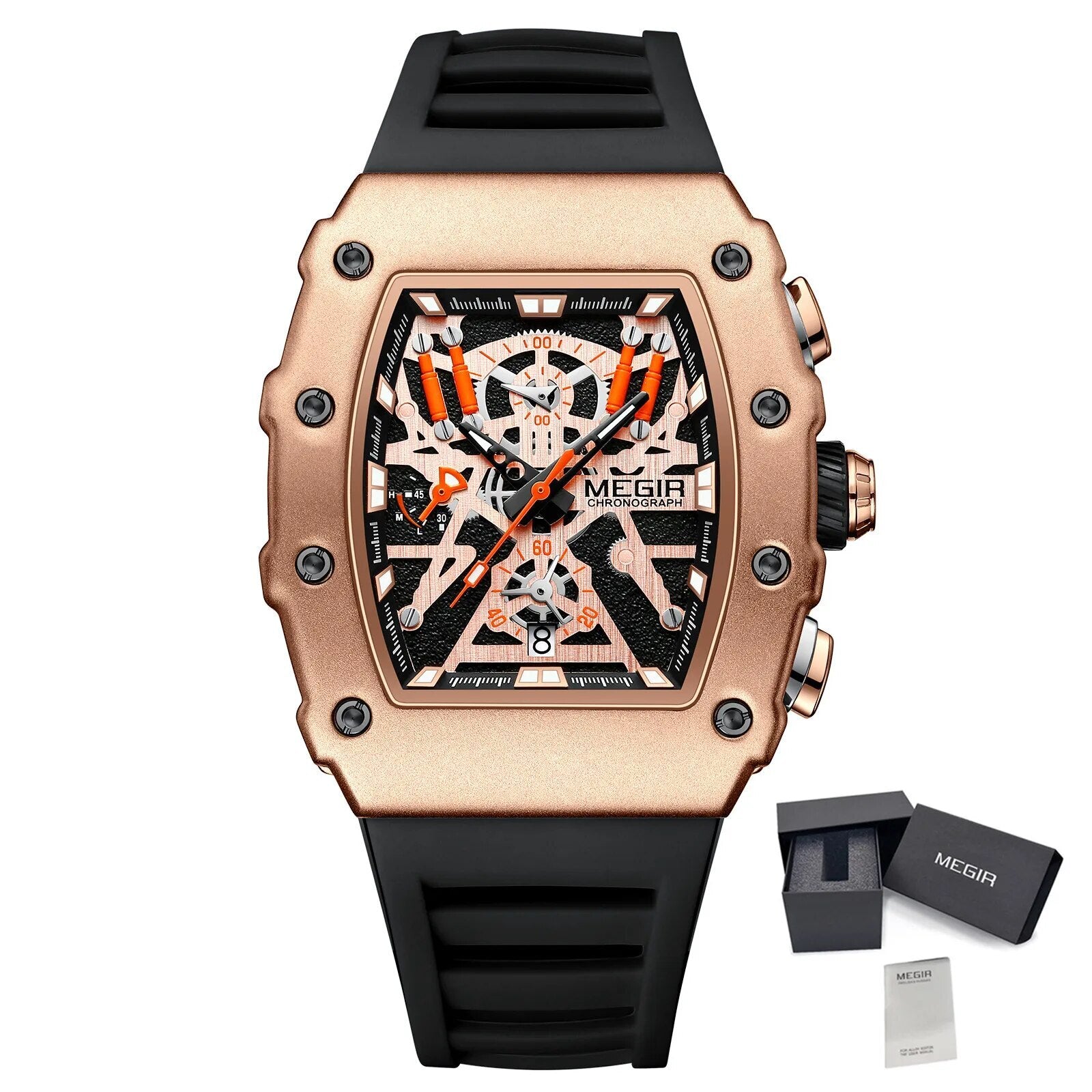 Black and orange MEGIR 2218 men's military chronograph watch with skeleton dial, silicone strap, and multiple subdials for outdoor sports