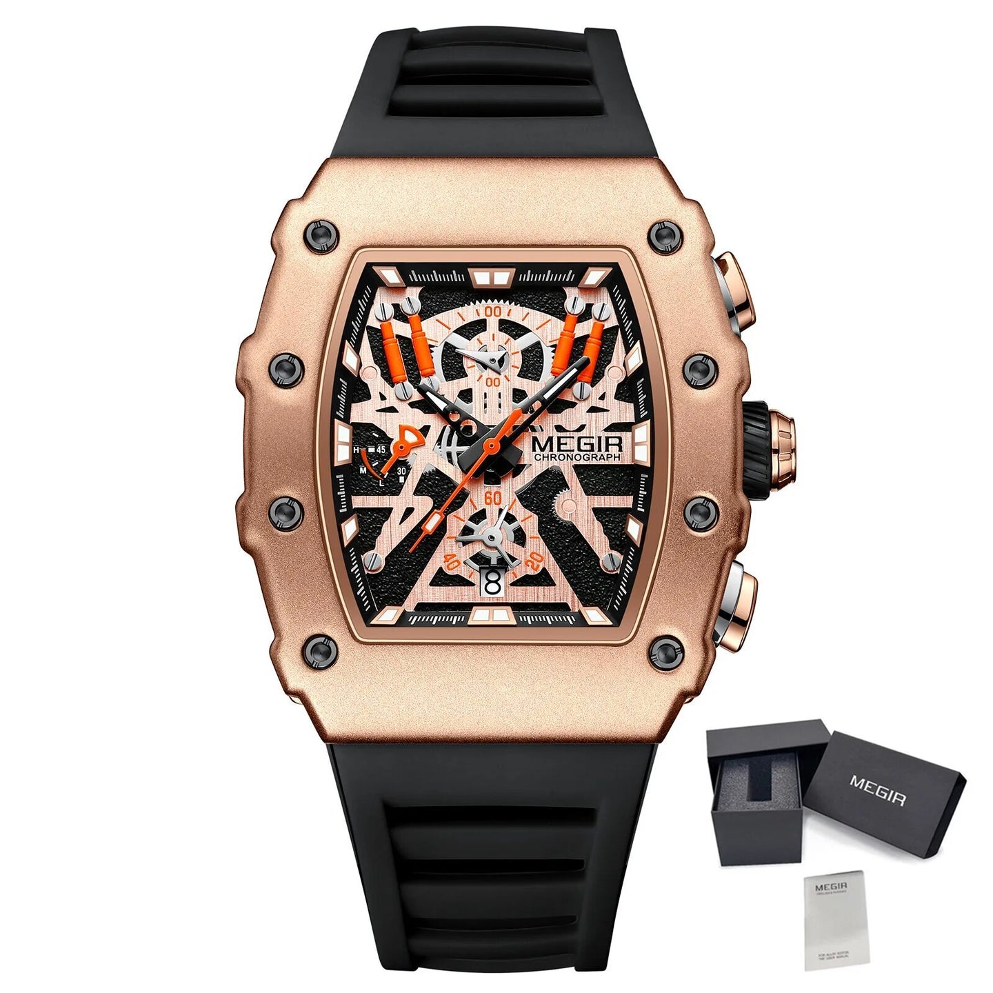 Black and orange MEGIR 2218 men's military chronograph watch with skeleton dial, silicone strap, and multiple subdials for outdoor sports
