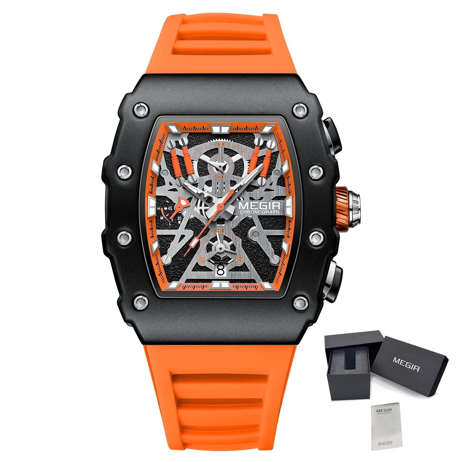 Black and orange MEGIR 2218 men's military chronograph watch with skeleton dial, silicone strap, and multiple subdials for outdoor sports