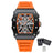 Black and orange MEGIR 2218 men's military chronograph watch with skeleton dial, silicone strap, and multiple subdials for outdoor sports