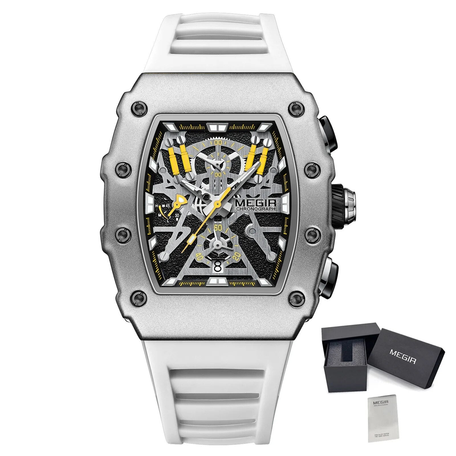 Black and orange MEGIR 2218 men's military chronograph watch with skeleton dial, silicone strap, and multiple subdials for outdoor sports