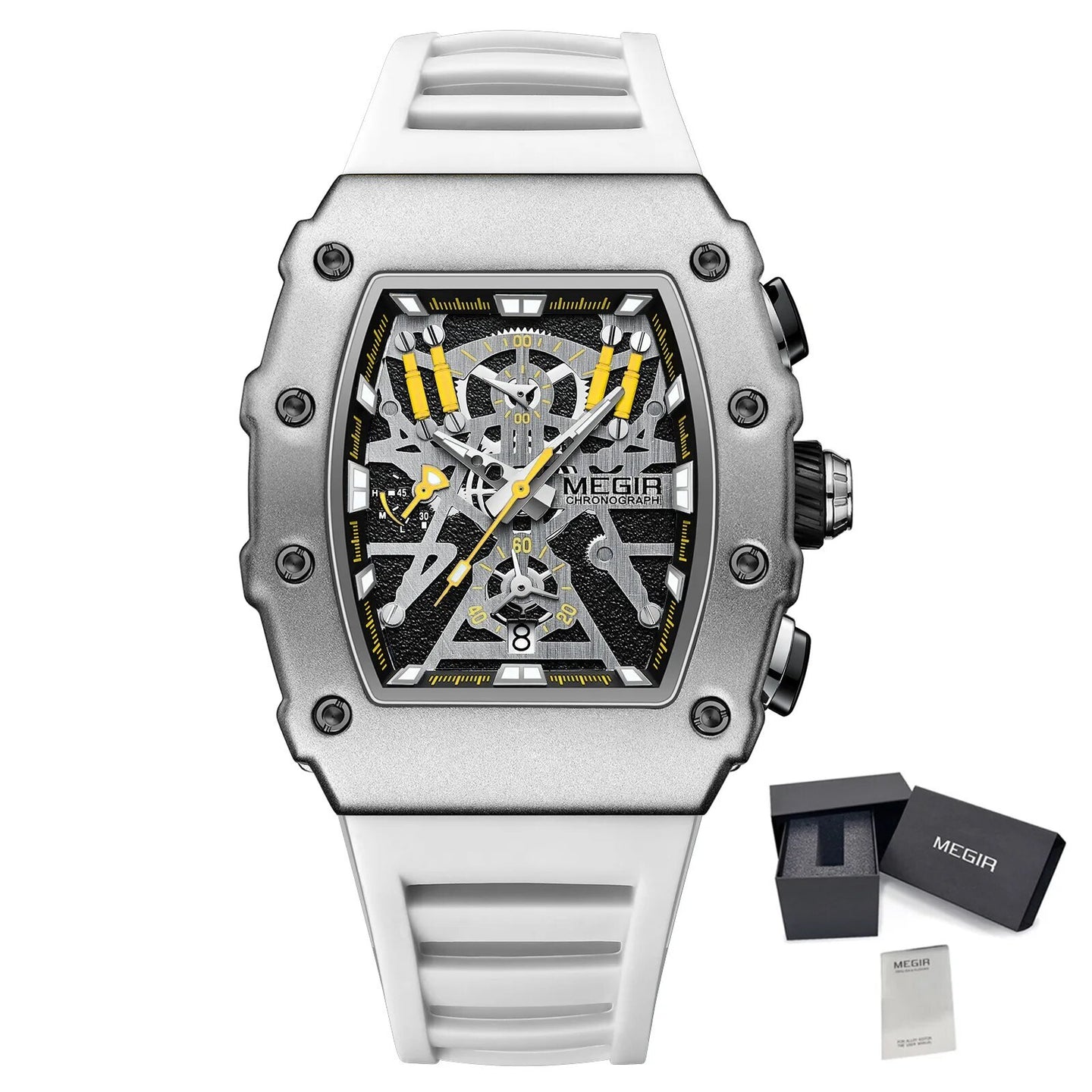Black and orange MEGIR 2218 men's military chronograph watch with skeleton dial, silicone strap, and multiple subdials for outdoor sports