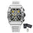 Black and orange MEGIR 2218 men's military chronograph watch with skeleton dial, silicone strap, and multiple subdials for outdoor sports