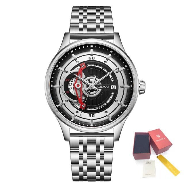 Black men's luxury automatic mechanical watch with a round dial, intricate skeleton design, stainless steel strap, and modern style
