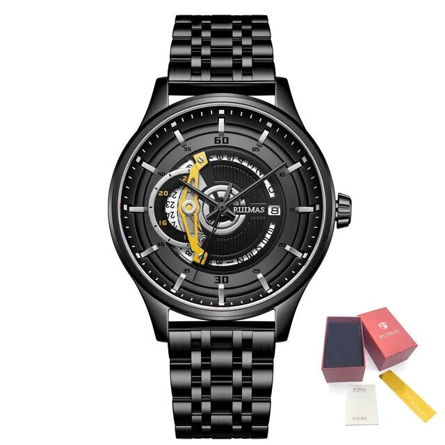 Black men's luxury automatic mechanical watch with a round dial, intricate skeleton design, stainless steel strap, and modern style