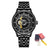 Black men's luxury automatic mechanical watch with a round dial, intricate skeleton design, stainless steel strap, and modern style