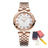 Silver luxury women's quartz bracelet watch with round face, crystal accents, Roman numerals, stainless steel band, elegant design
