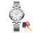 Silver luxury women's quartz bracelet watch with round face, crystal accents, Roman numerals, stainless steel band, elegant design