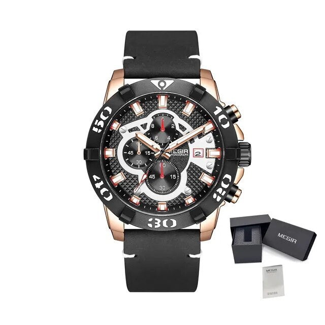 Luxury men's chronograph sports watch with large 48.5mm black bezel, black leather strap, rose gold case, and detailed dial with subdials and date window