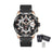 Luxury men's chronograph sports watch with large 48.5mm black bezel, black leather strap, rose gold case, and detailed dial with subdials and date window