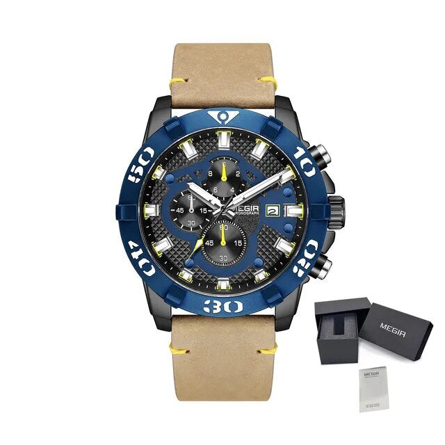 Luxury men's chronograph sports watch with large 48.5mm black bezel, black leather strap, rose gold case, and detailed dial with subdials and date window