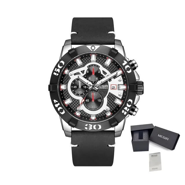 Luxury men's chronograph sports watch with large 48.5mm black bezel, black leather strap, rose gold case, and detailed dial with subdials and date window