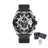 Luxury men's chronograph sports watch with large 48.5mm black bezel, black leather strap, rose gold case, and detailed dial with subdials and date window