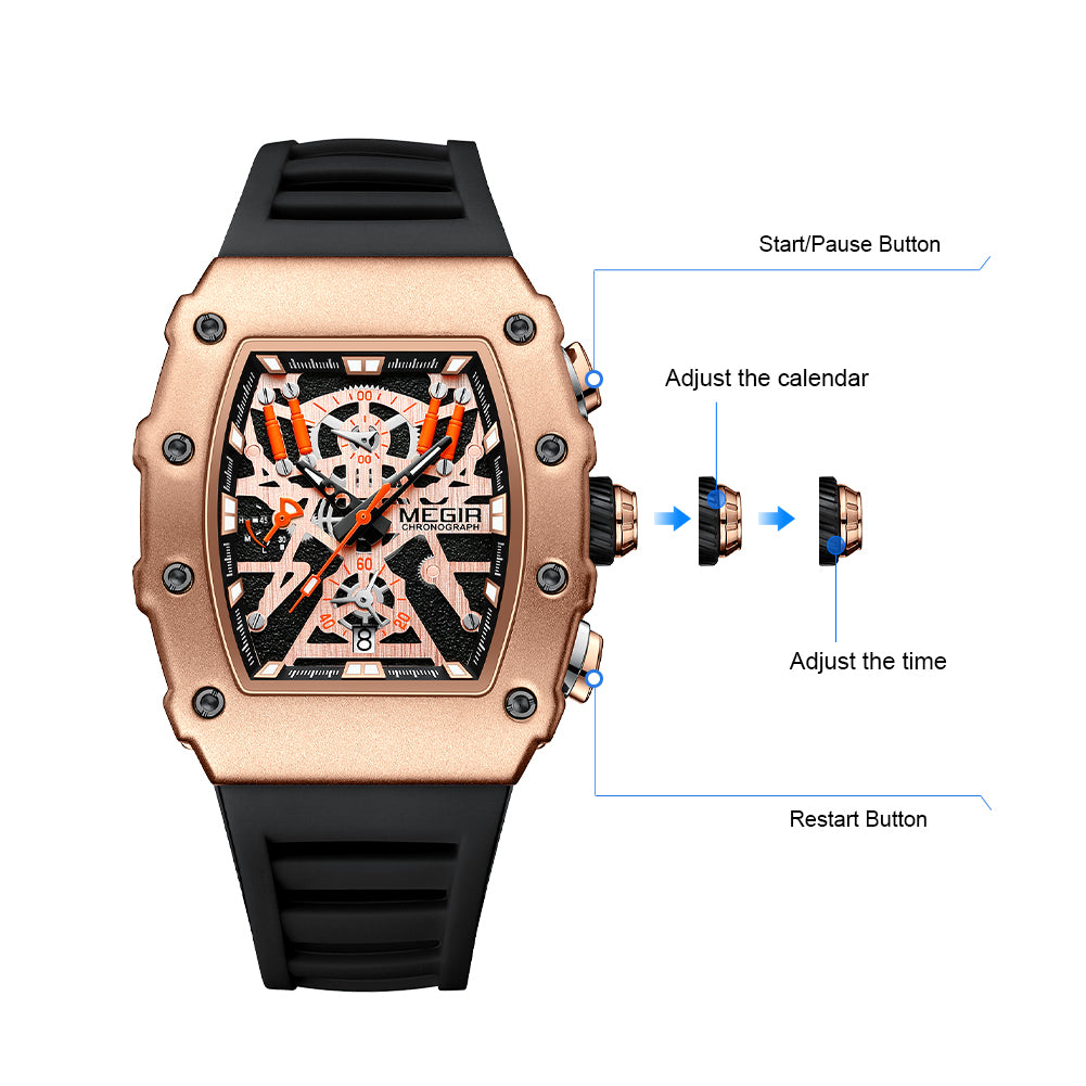Black and orange MEGIR 2218 men's military chronograph watch with skeleton dial, silicone strap, and multiple subdials for outdoor sports