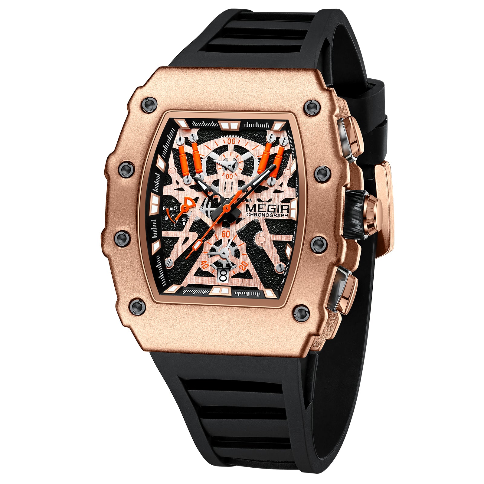 Black and orange MEGIR 2218 men's military chronograph watch with skeleton dial, silicone strap, and multiple subdials for outdoor sports