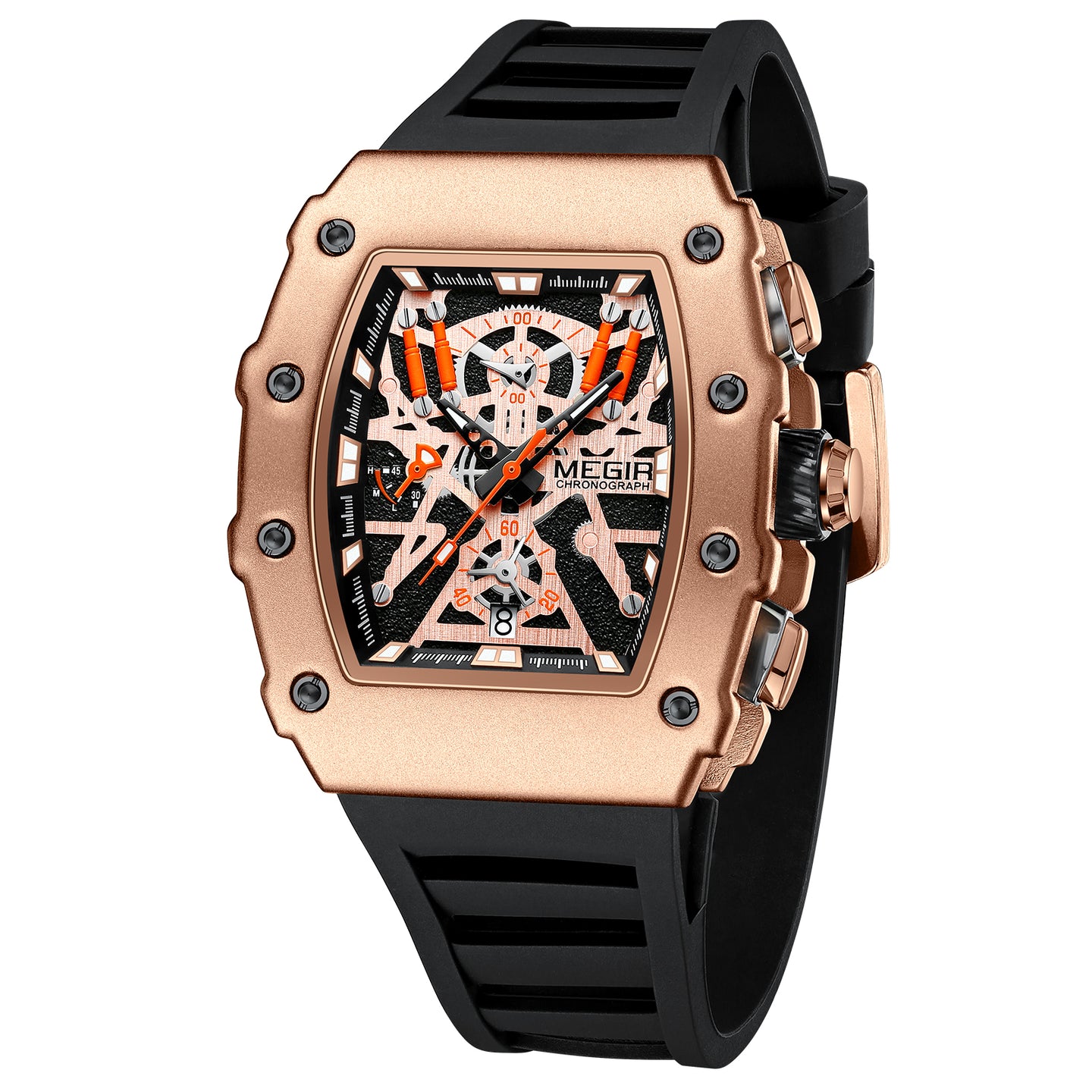 Black and orange MEGIR 2218 men's military chronograph watch with skeleton dial, silicone strap, and multiple subdials for outdoor sports