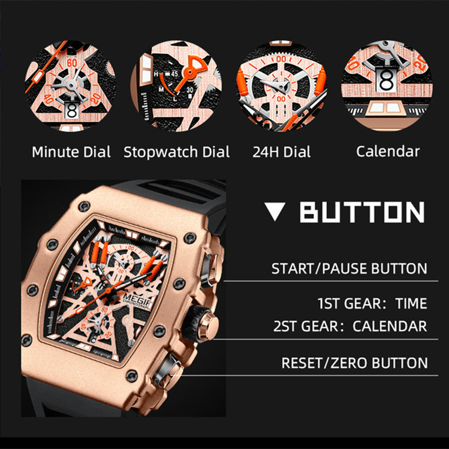 Black and orange MEGIR 2218 men's military chronograph watch with skeleton dial, silicone strap, and multiple subdials for outdoor sports