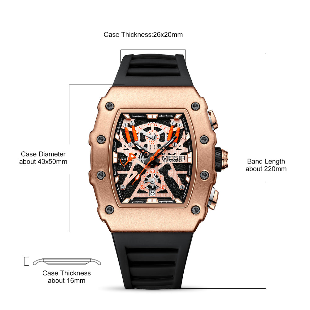 Black and orange MEGIR 2218 men's military chronograph watch with skeleton dial, silicone strap, and multiple subdials for outdoor sports