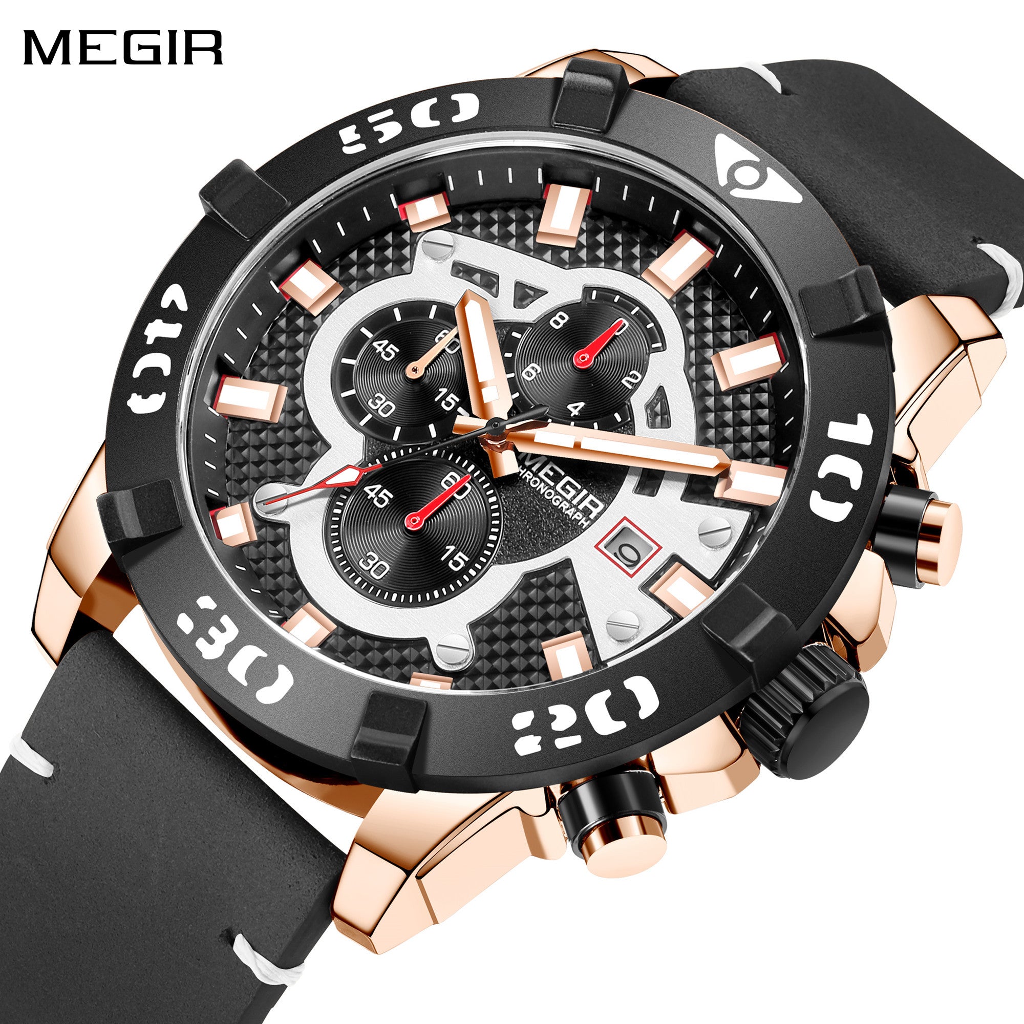 Luxury men's chronograph sports watch with large 48.5mm black bezel, black leather strap, rose gold case, and detailed dial with subdials and date window