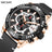 Luxury men's chronograph sports watch with large 48.5mm black bezel, black leather strap, rose gold case, and detailed dial with subdials and date window