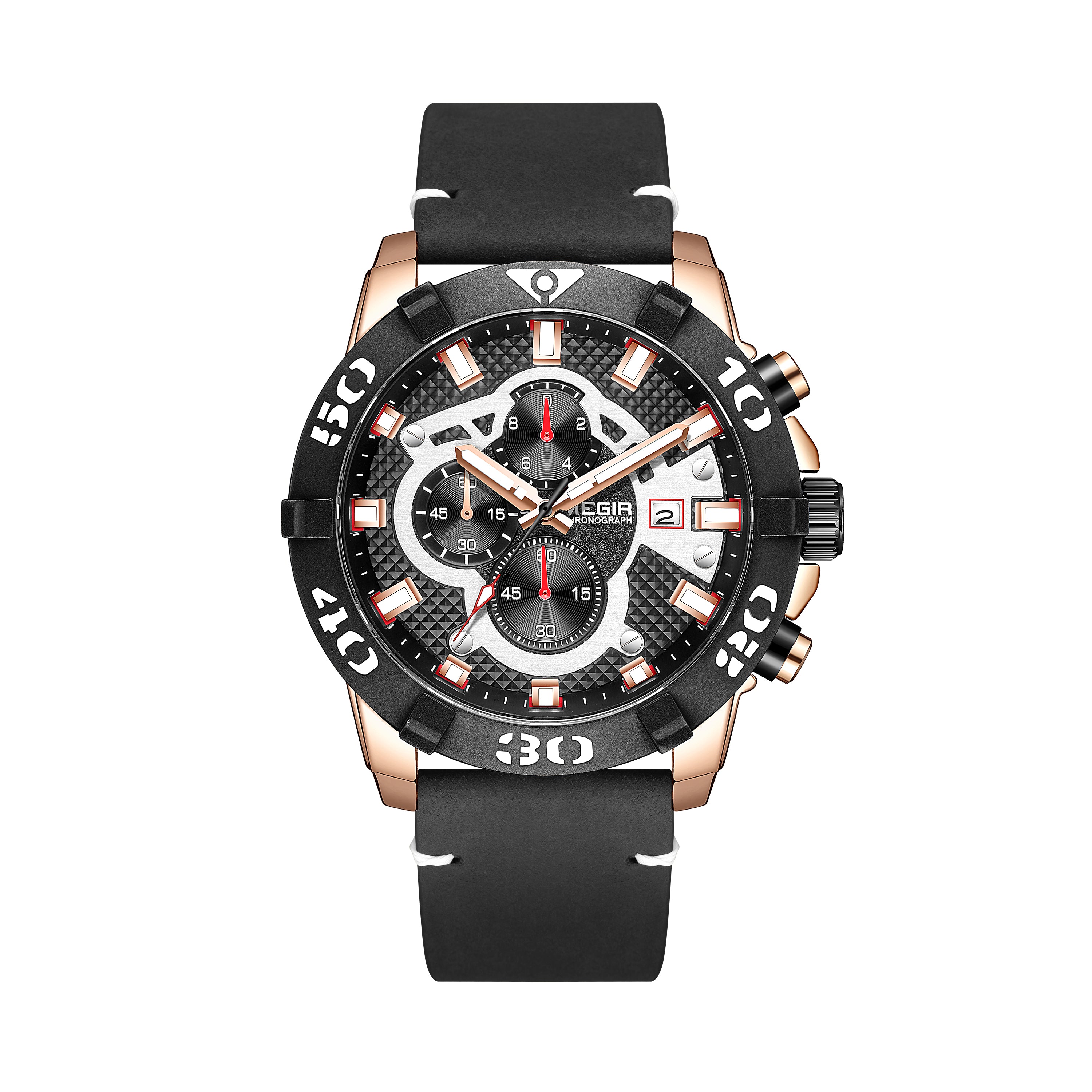 Luxury men's chronograph sports watch with large 48.5mm black bezel, black leather strap, rose gold case, and detailed dial with subdials and date window