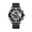 Luxury men's chronograph sports watch with large 48.5mm black bezel, black leather strap, rose gold case, and detailed dial with subdials and date window
