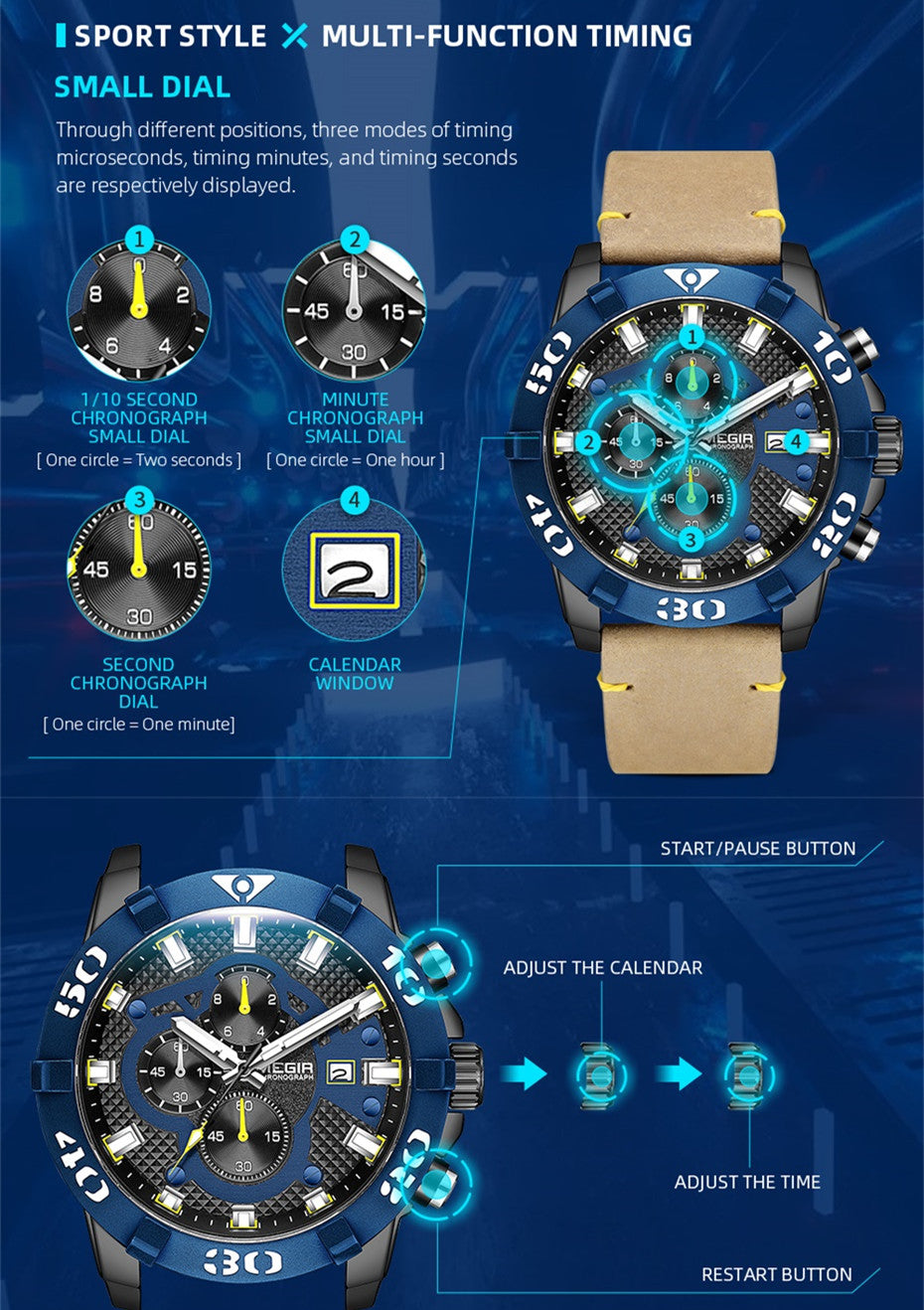 Luxury men's chronograph sports watch with large 48.5mm black bezel, black leather strap, rose gold case, and detailed dial with subdials and date window