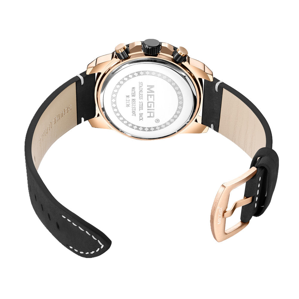 Luxury men's chronograph sports watch with large 48.5mm black bezel, black leather strap, rose gold case, and detailed dial with subdials and date window