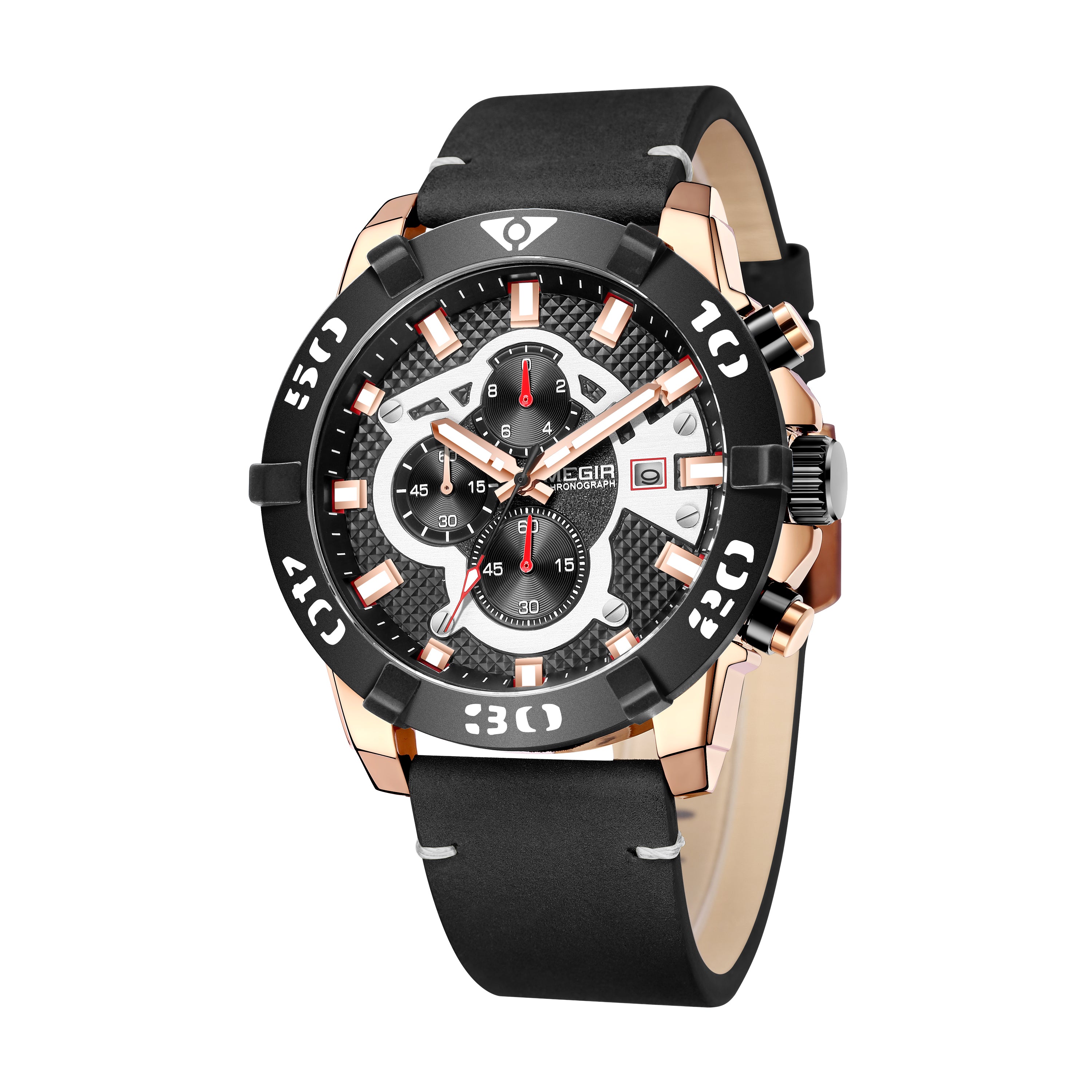 Luxury men's chronograph sports watch with large 48.5mm black bezel, black leather strap, rose gold case, and detailed dial with subdials and date window