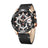 Luxury men's chronograph sports watch with large 48.5mm black bezel, black leather strap, rose gold case, and detailed dial with subdials and date window