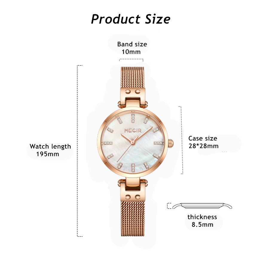 Elegant women's luxury quartz wristwatch with pink mother-of-pearl dial, crystal hour markers, rose gold mesh band, and water resistance size