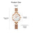 Elegant women's luxury quartz wristwatch with pink mother-of-pearl dial, crystal hour markers, rose gold mesh band, and water resistance size