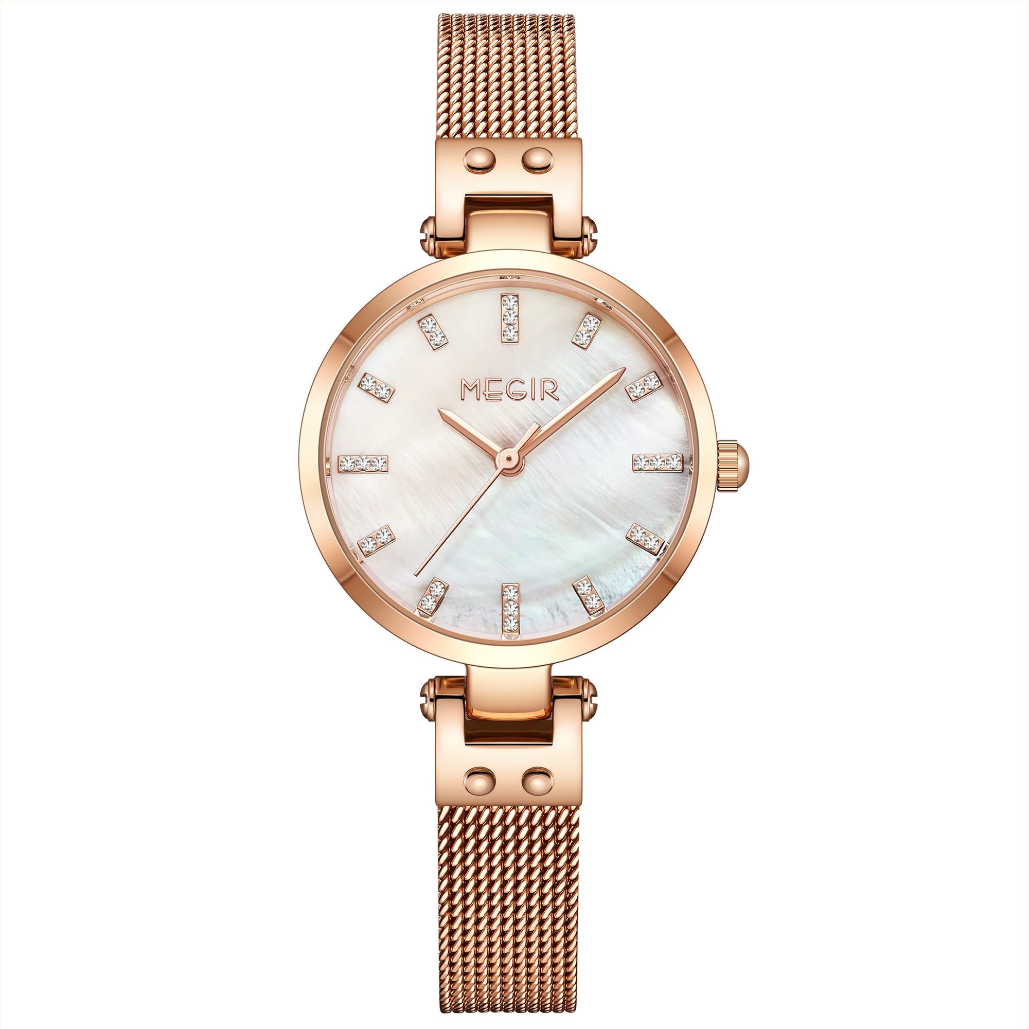 Elegant women's luxury quartz wristwatch with pink mother-of-pearl dial, crystal hour markers, rose gold mesh band, and water resistance