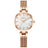 Elegant women's luxury quartz wristwatch with pink mother-of-pearl dial, crystal hour markers, rose gold mesh band, and water resistance