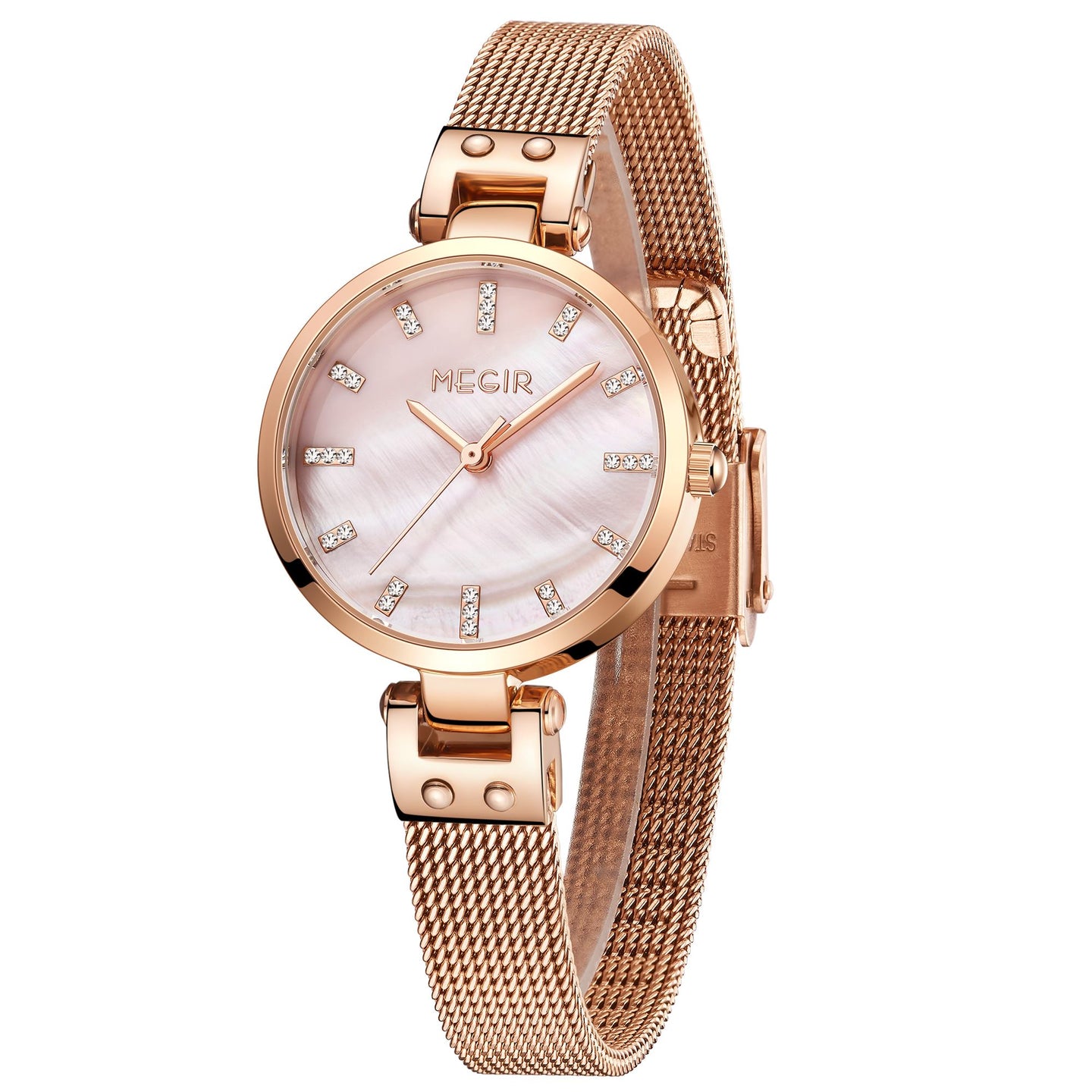 Elegant women's luxury quartz wristwatch with pink mother-of-pearl dial, crystal hour markers, rose gold mesh band, and water resistance