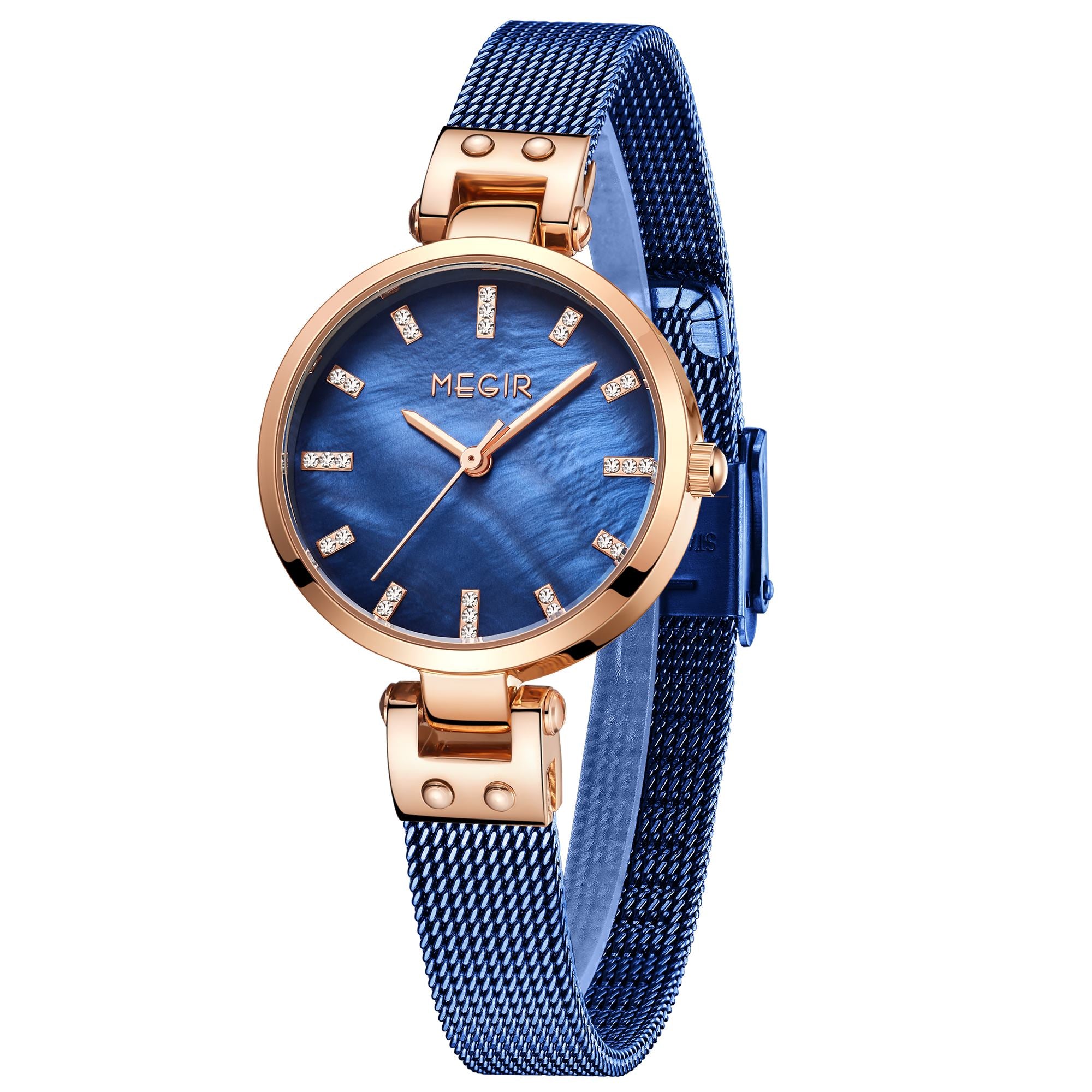 Elegant women's luxury quartz wristwatch with pink mother-of-pearl dial, crystal hour markers, rose gold mesh band, and water resistance