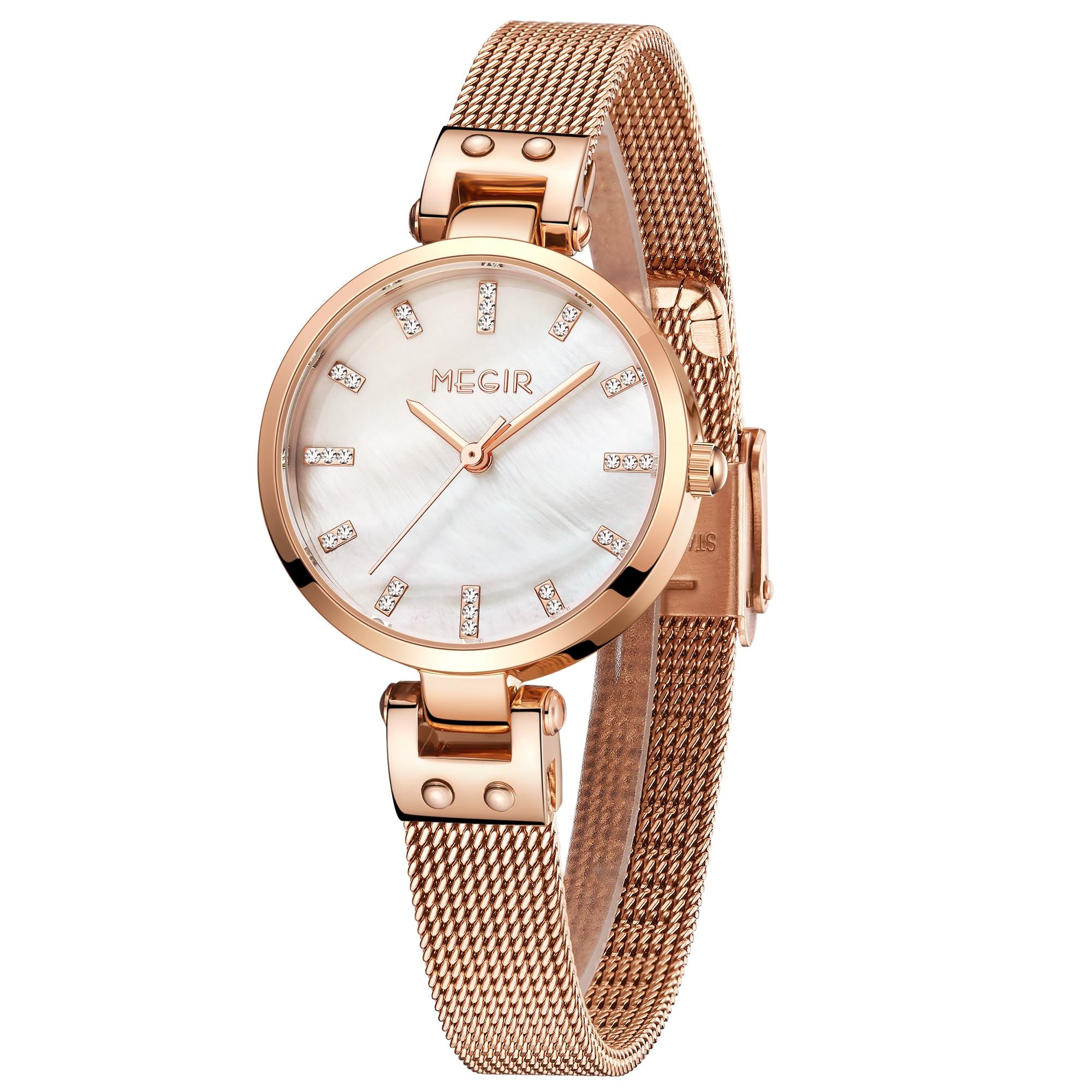 Elegant women's luxury quartz wristwatch with pink mother-of-pearl dial, crystal hour markers, rose gold mesh band, and water resistance
