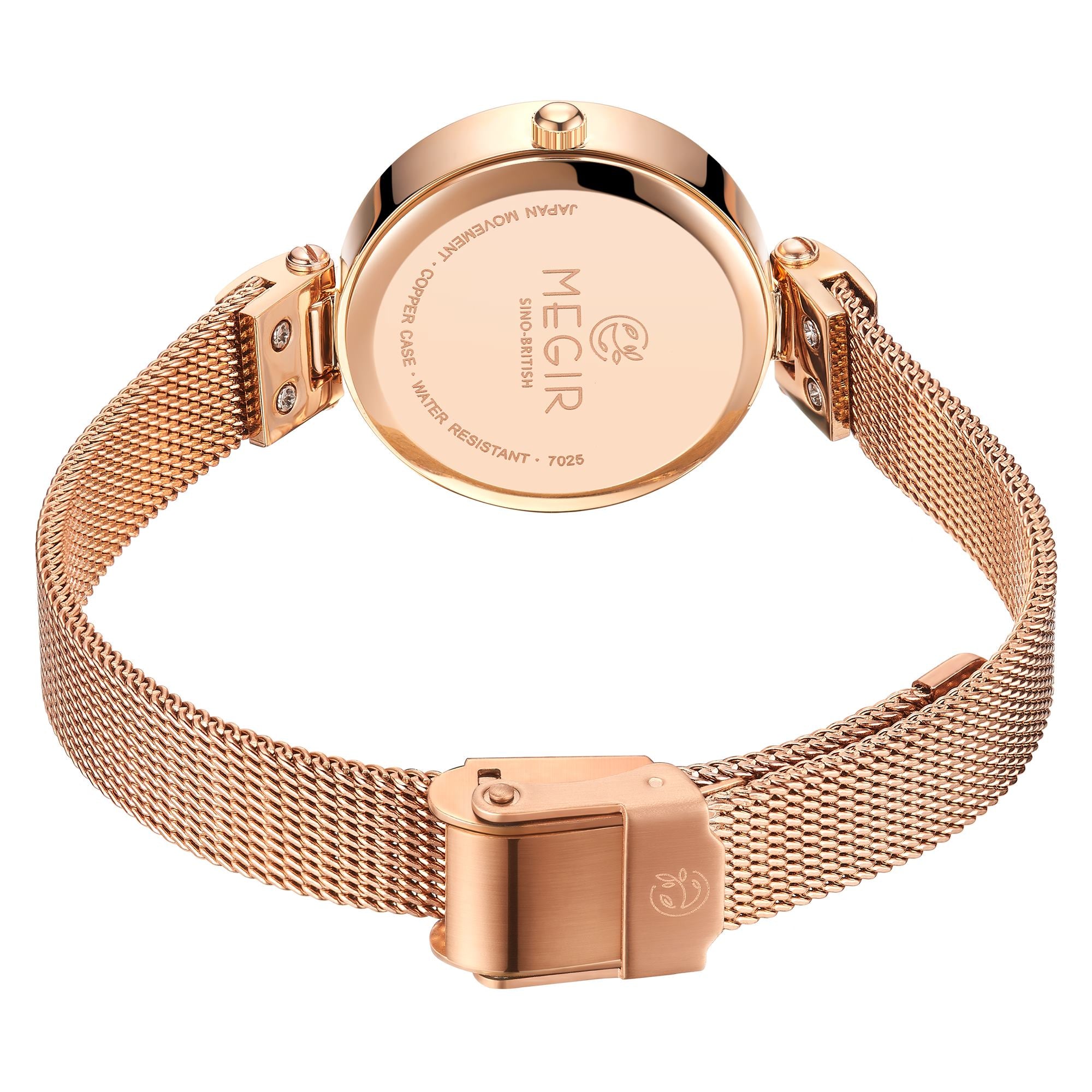 Elegant women's luxury quartz wristwatch with pink mother-of-pearl dial, crystal hour markers, rose gold mesh band, and water resistance