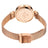 Elegant women's luxury quartz wristwatch with pink mother-of-pearl dial, crystal hour markers, rose gold mesh band, and water resistance