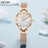 Elegant women's luxury quartz wristwatch with pink mother-of-pearl dial, crystal hour markers, rose gold mesh band, and water resistance