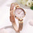 Elegant women's luxury quartz wristwatch with pink mother-of-pearl dial, crystal hour markers, rose gold mesh band, and water resistance