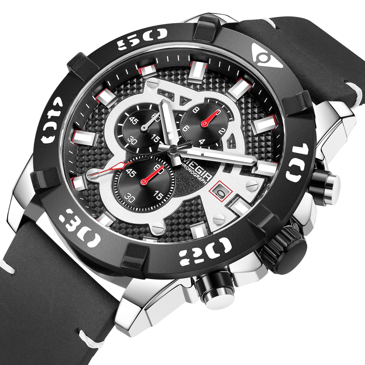Luxury men's chronograph sports watch with large 48.5mm black bezel, black leather strap, rose gold case, and detailed dial with subdials and date window