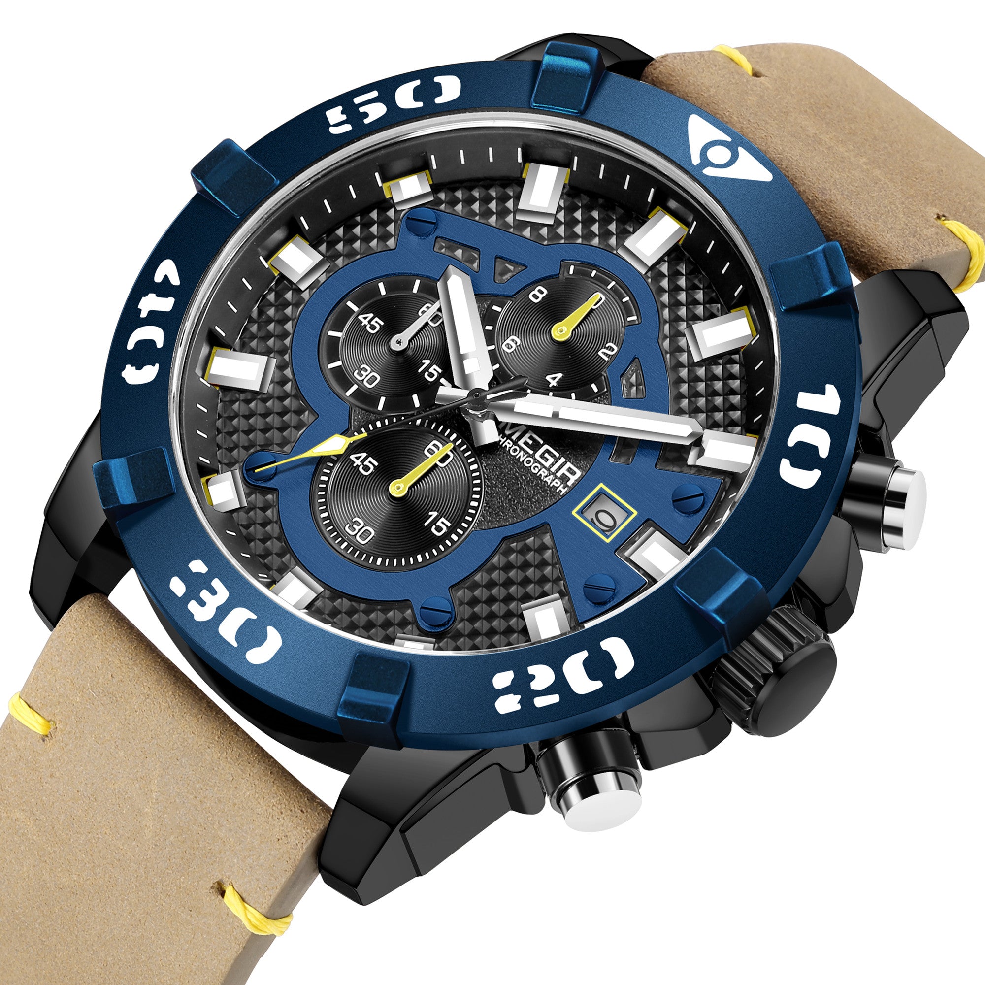 Luxury men's chronograph sports watch with large 48.5mm black bezel, black leather strap, rose gold case, and detailed dial with subdials and date window